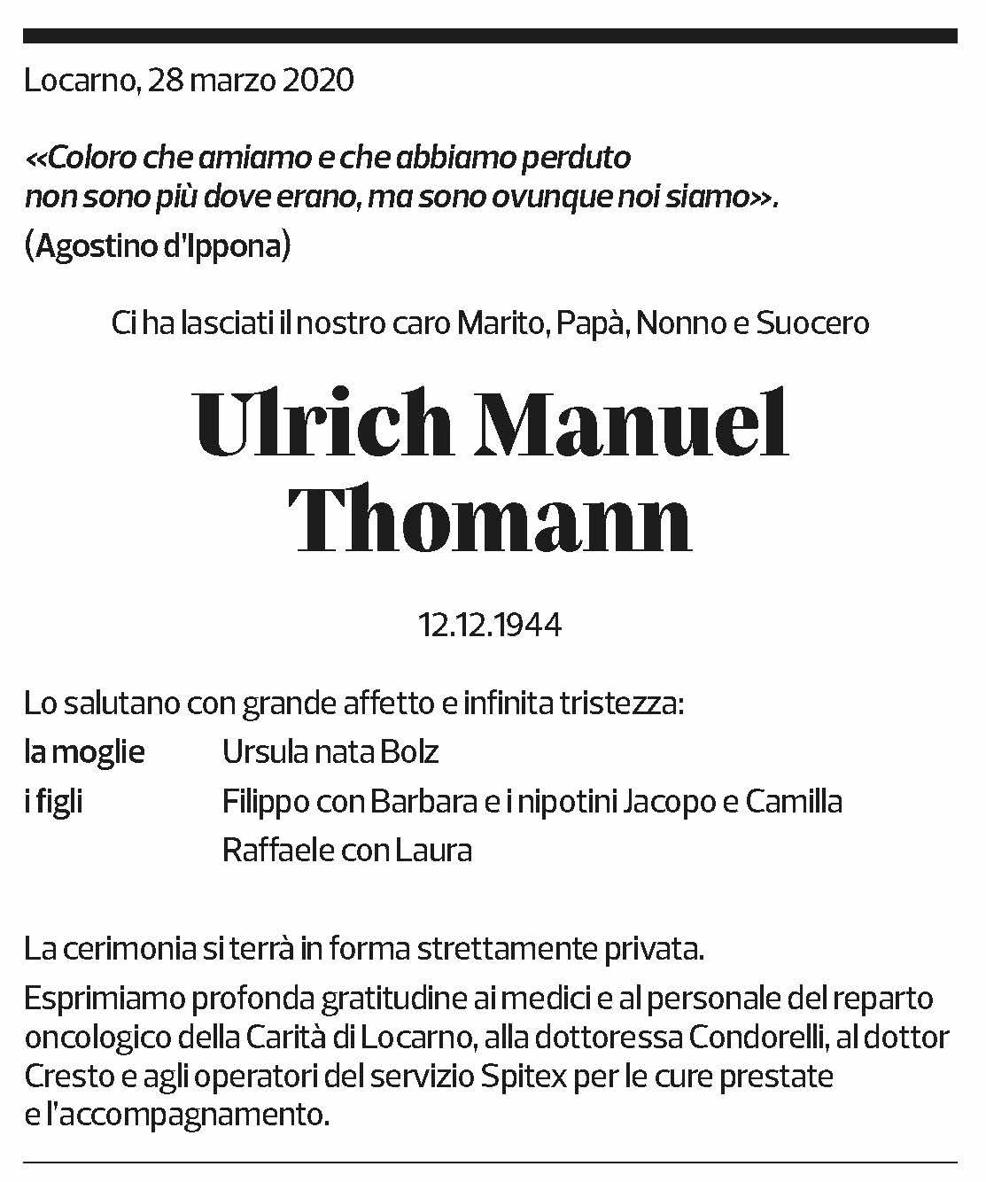 Annuncio funebre Ulrich Manuel Thomann
