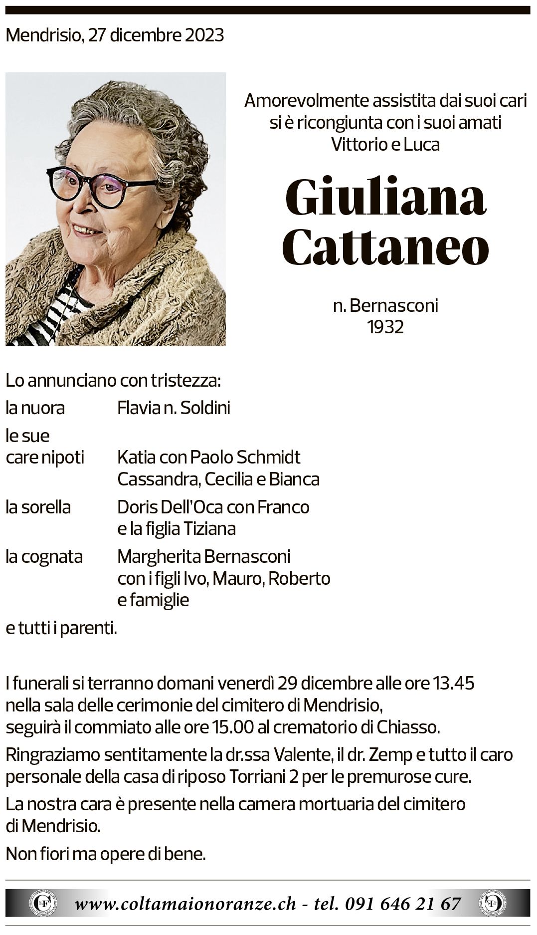 Annuncio funebre Giuliana Cattaneo