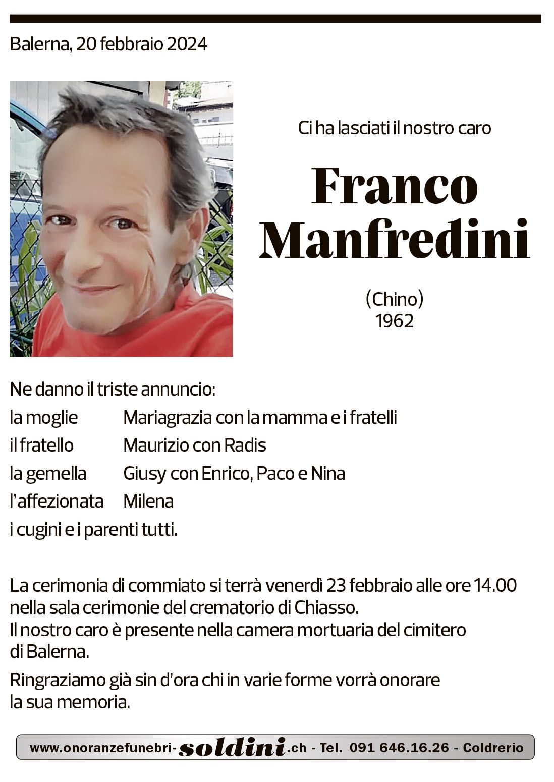 Annuncio funebre Franco Manfredini