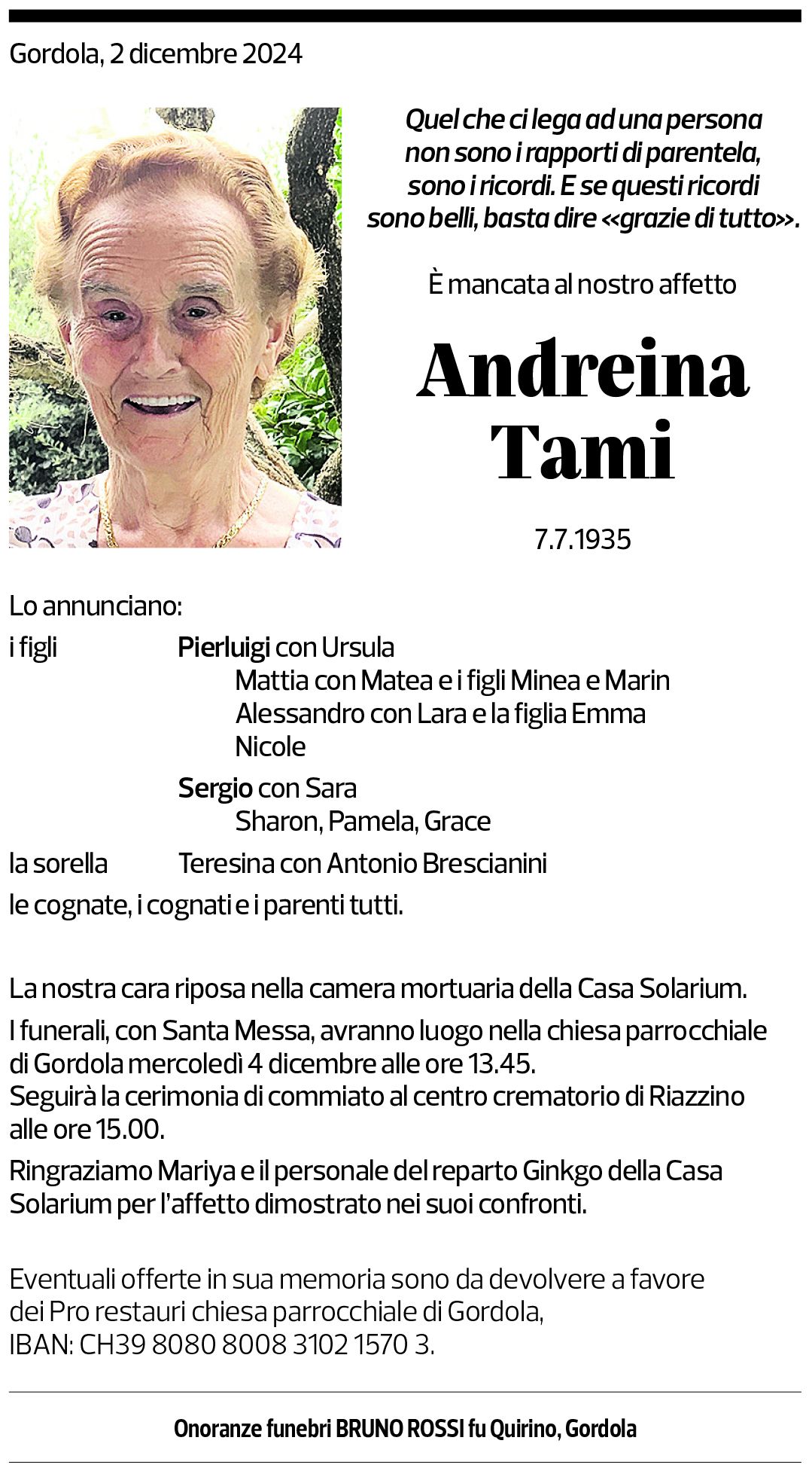 Annuncio funebre Andreina Tami