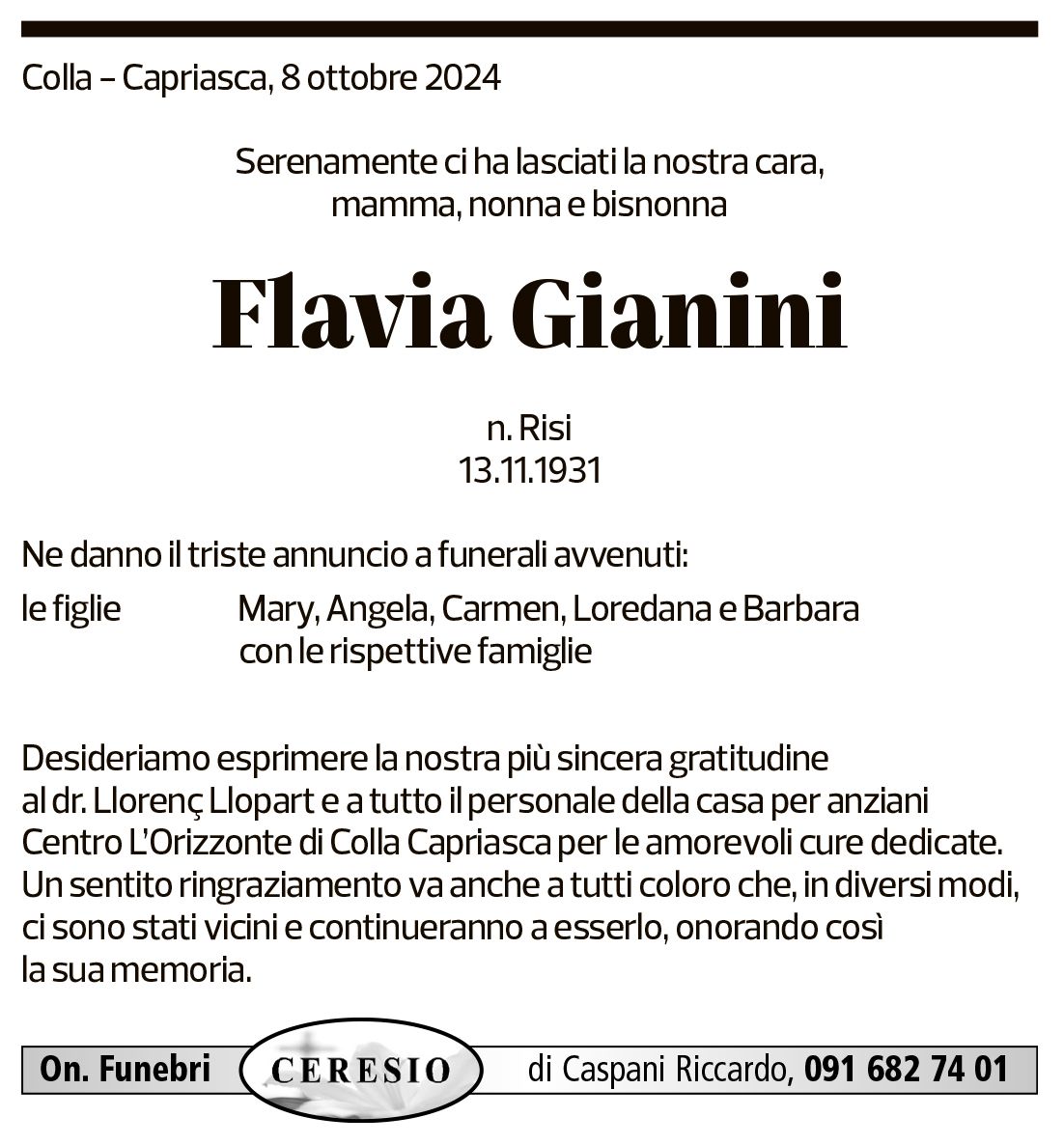 Annuncio funebre Flavio Gianini