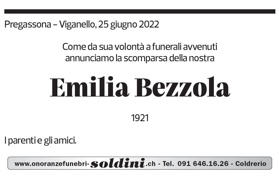 Annuncio funebre Emilia Bezzola