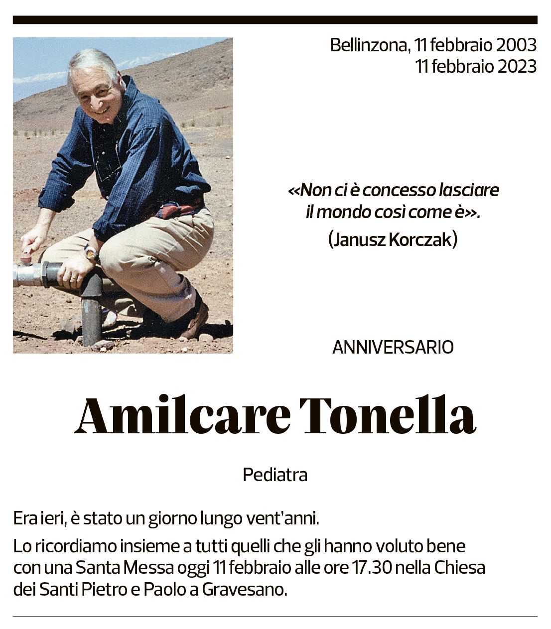 Annuncio funebre Amilcare Tonella