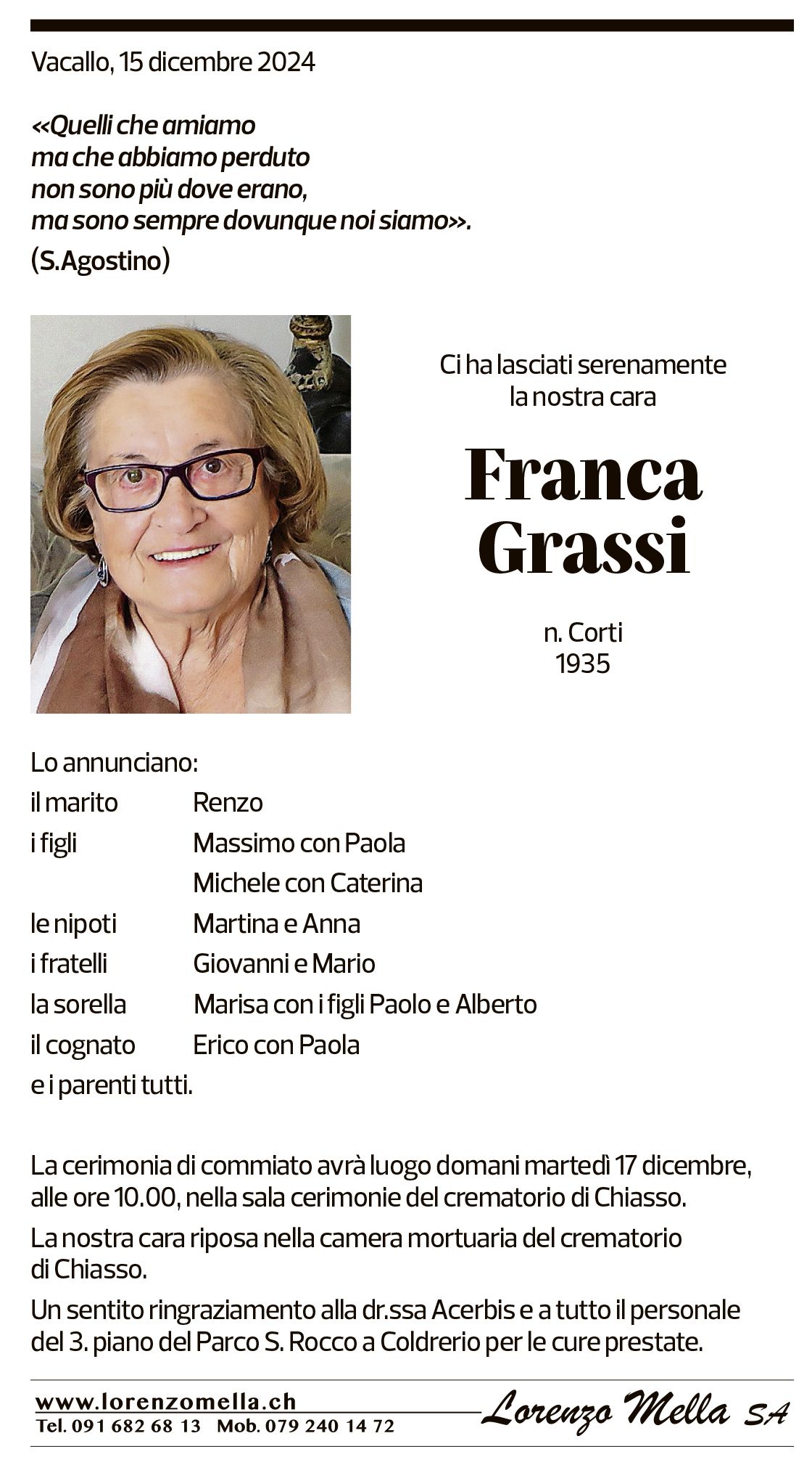 Annuncio funebre Franca Grassi