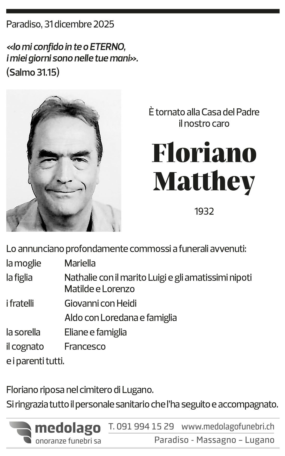 Annuncio funebre Floriano Matthey