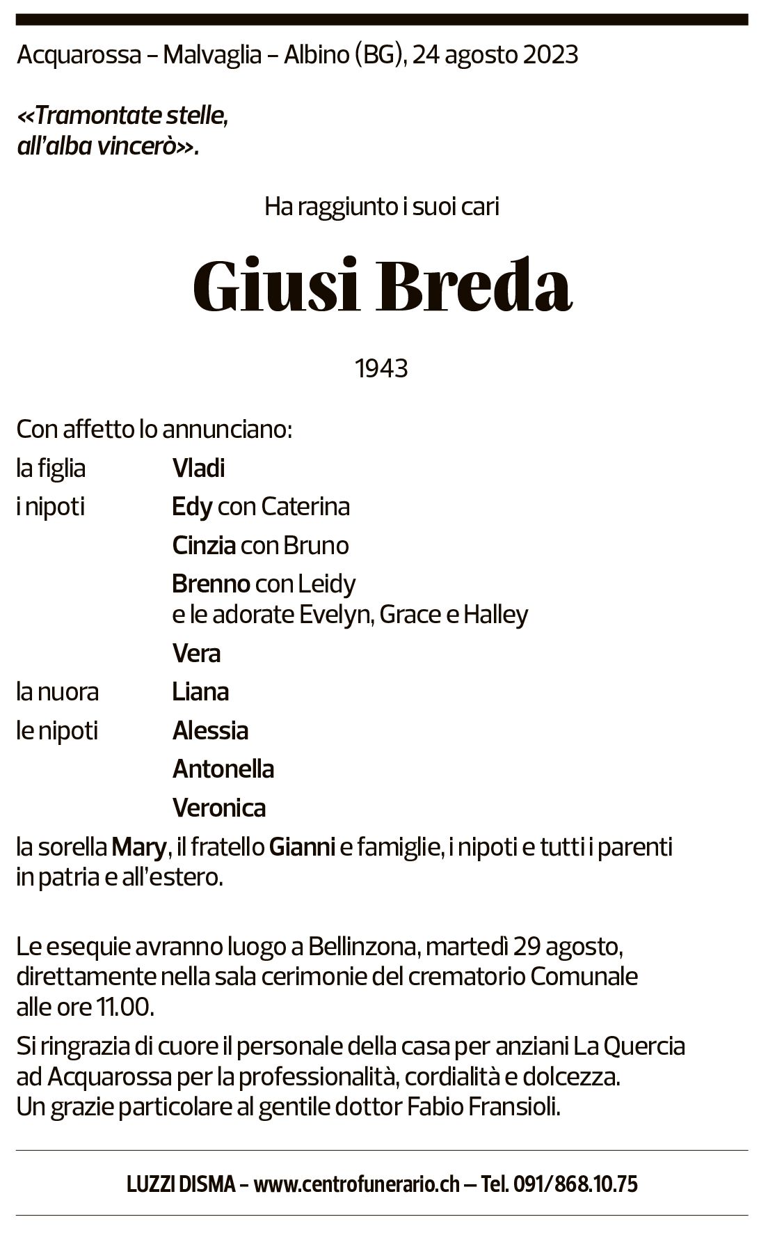 Annuncio funebre Giusi Breda