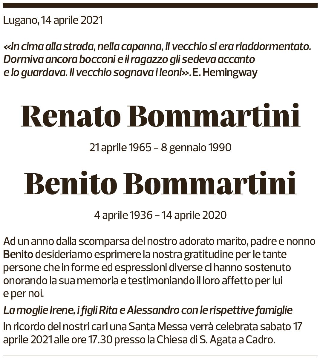 Annuncio funebre Renato E Benito Bommartini