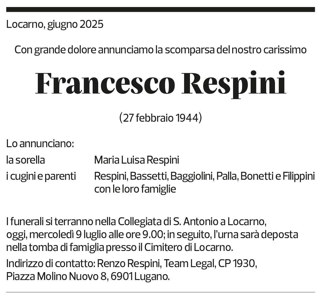Annuncio funebre Francesco Respini