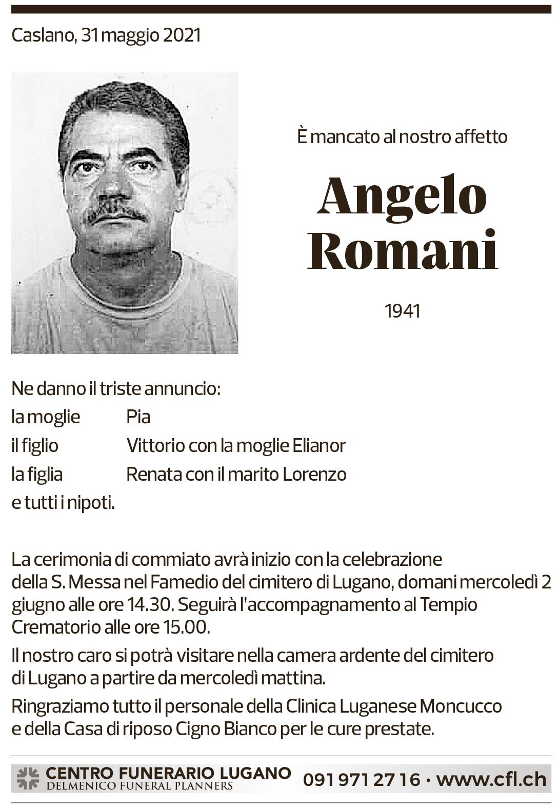 Annuncio funebre Angelo Romani