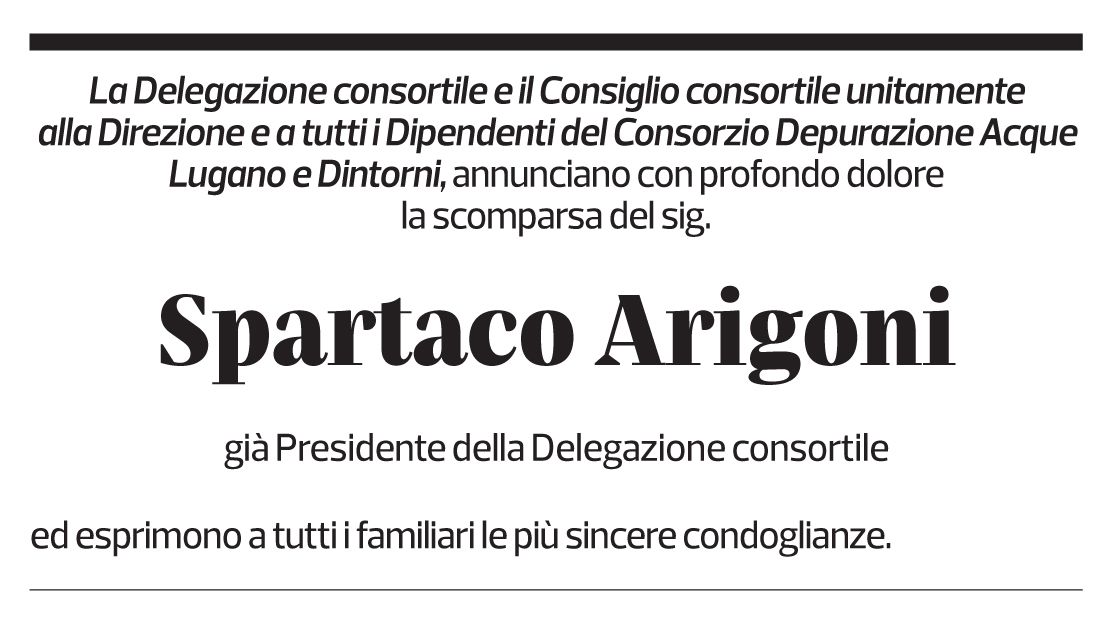 Annuncio funebre Spartaco Arigoni