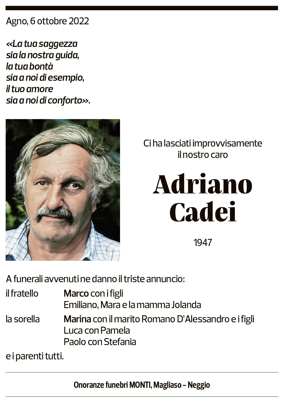 Annuncio funebre Adriano Cadei