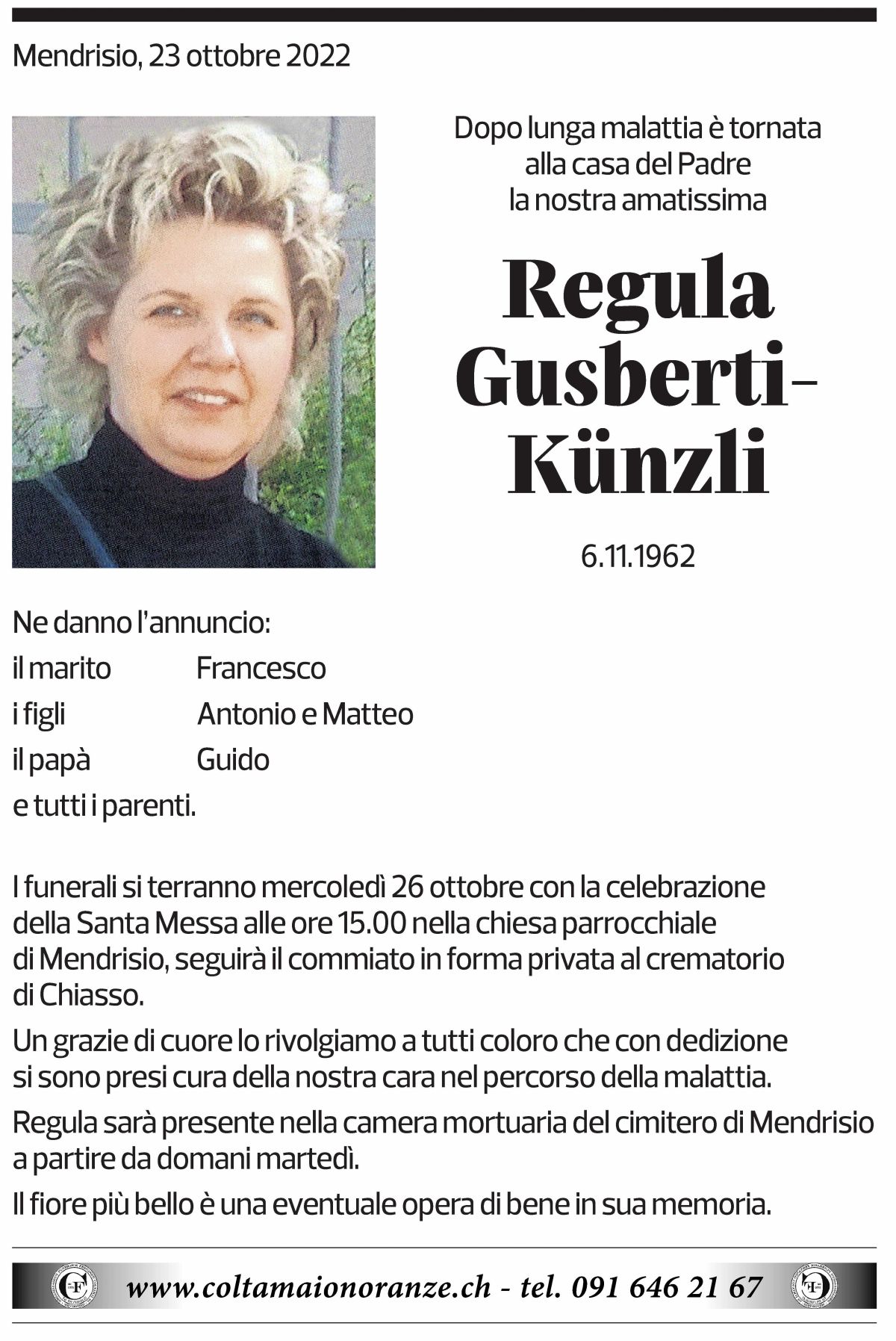 Annuncio funebre Regula Gusberti-künzli