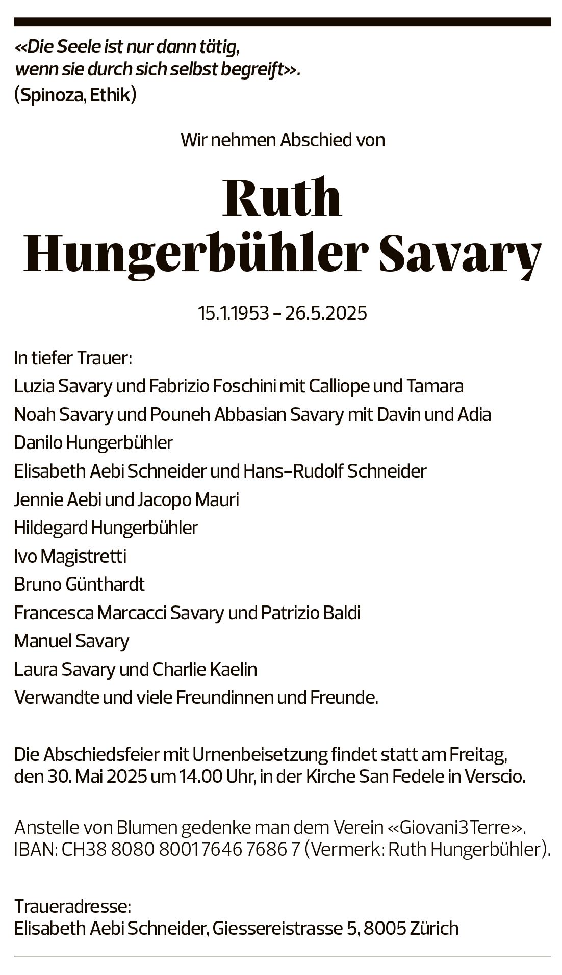 Annuncio funebre Ruth Hungerbühler Savary