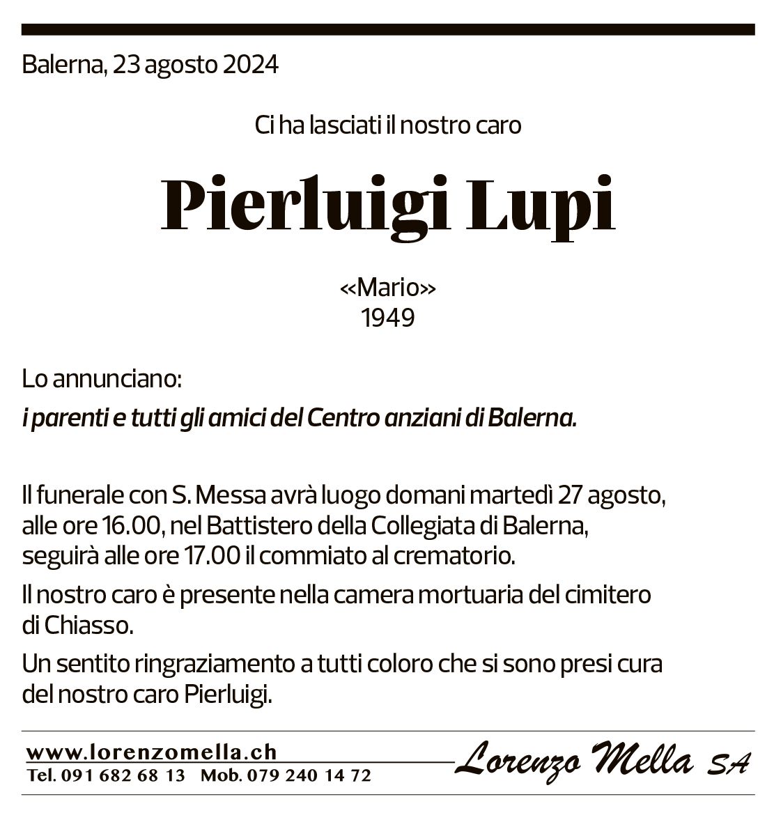 Annuncio funebre Pierluigi Lupi