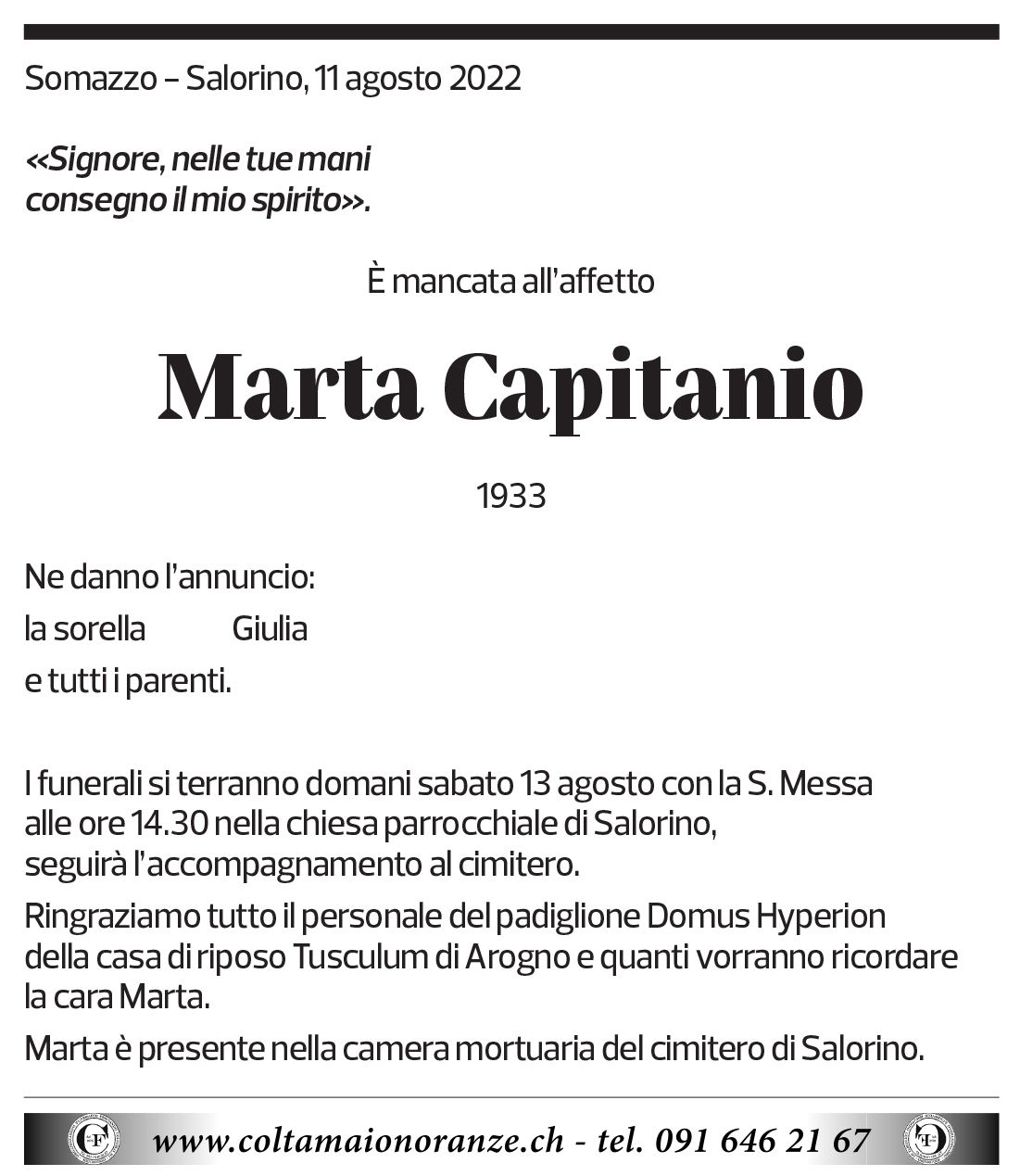 Annuncio funebre Marta Capitanio