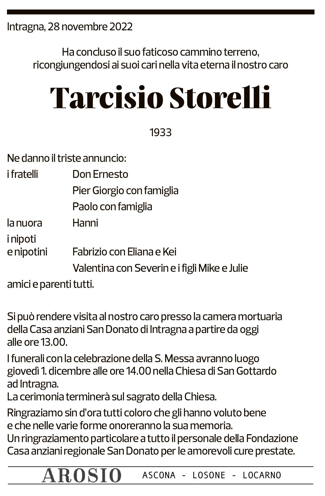 Annuncio funebre Tarcisio Storelli