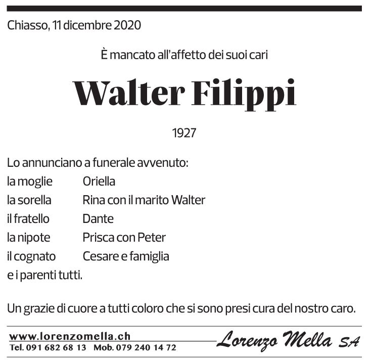 Annuncio funebre Walter Filippi