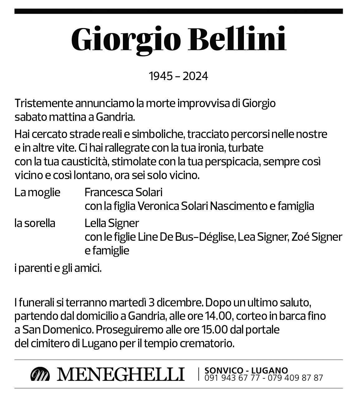 Annuncio funebre Giorgio Bellini