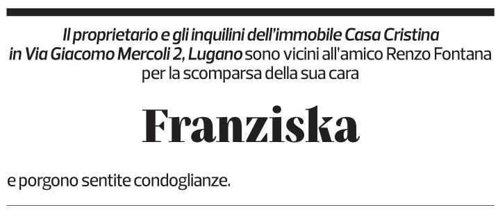 Annuncio funebre Franziska Fontana
