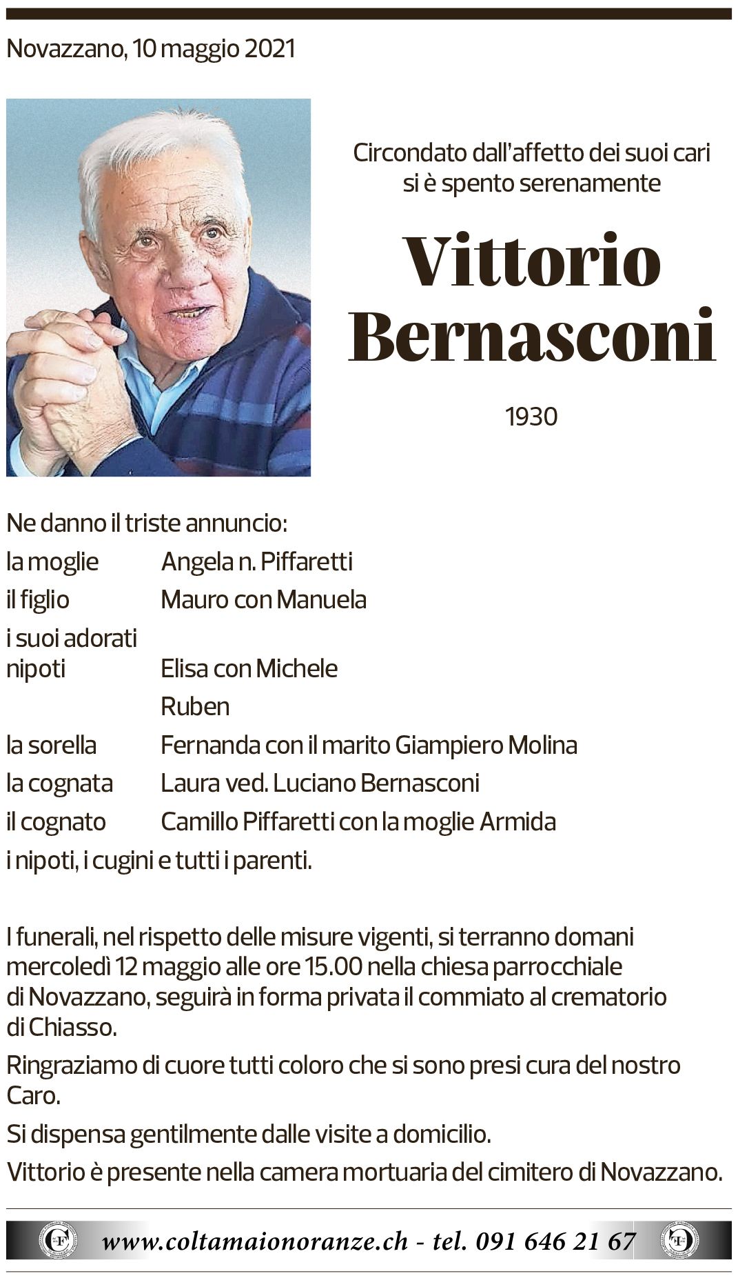 Annuncio funebre Vittorio Bernasconi