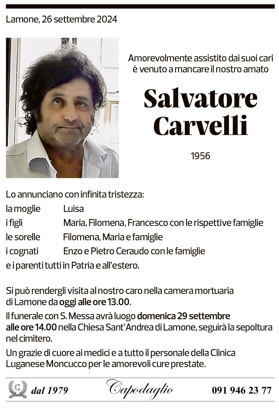 Annuncio funebre Salvatore Carvelli