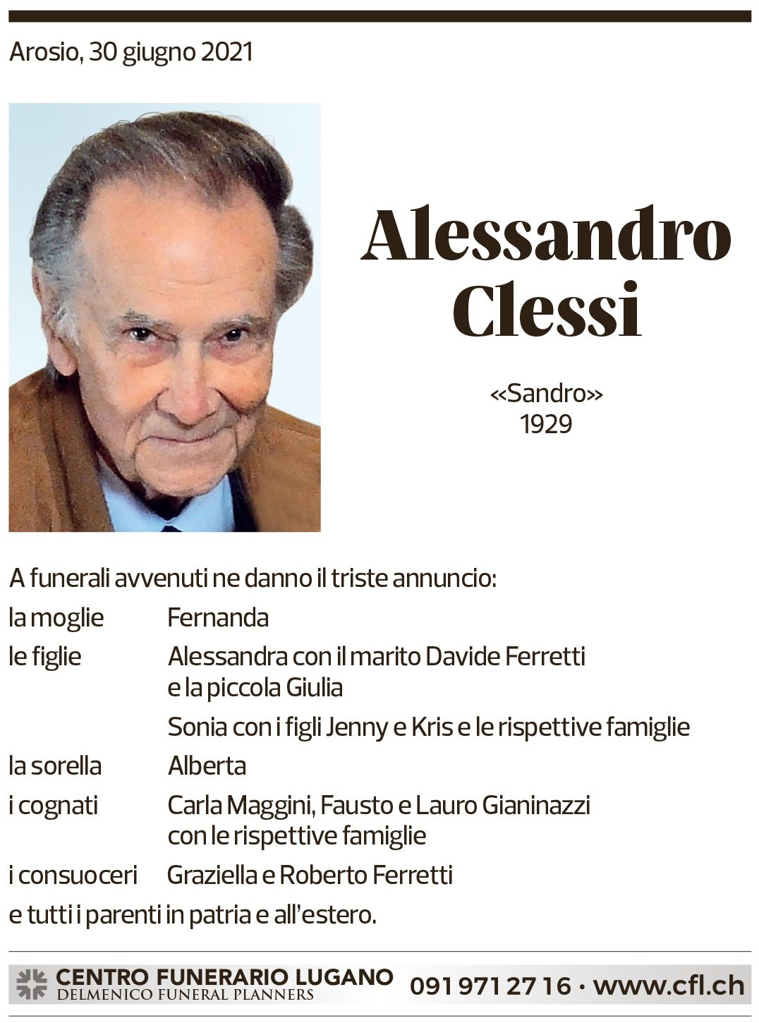 Annuncio funebre Alessandro Clessi