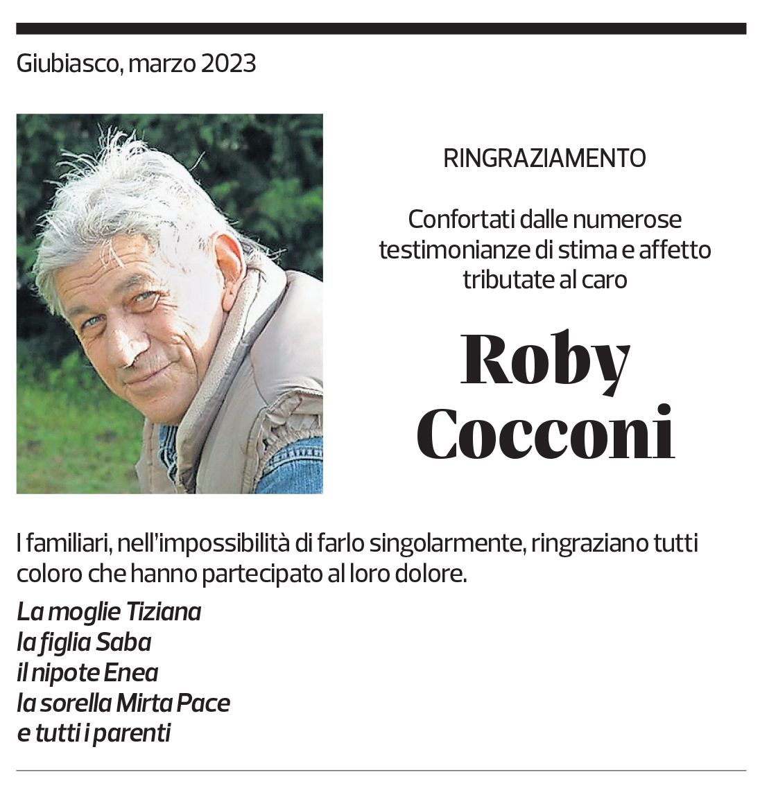 Annuncio funebre Roby Cocconi