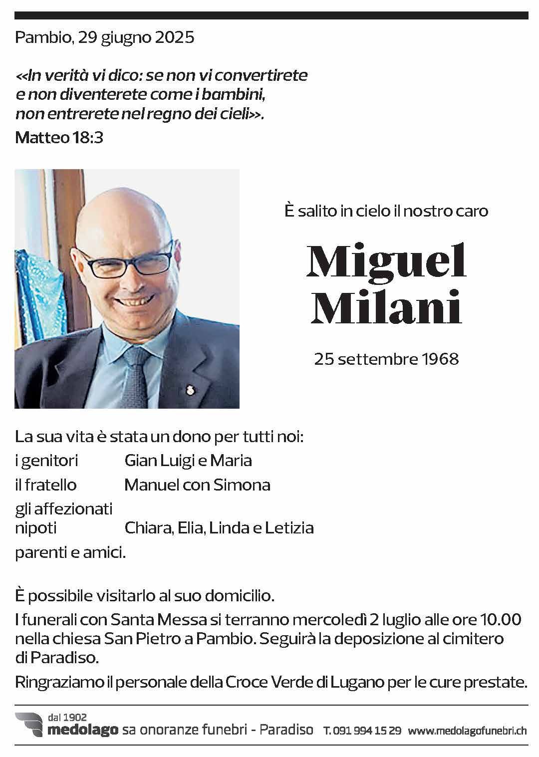 Annuncio funebre Miguel Milani