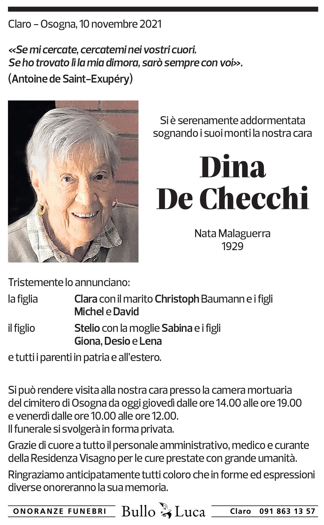 Annuncio funebre Dina De Checchi