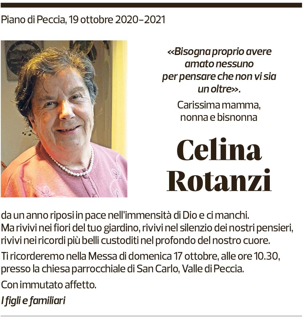 Annuncio funebre Celina Rotanzi