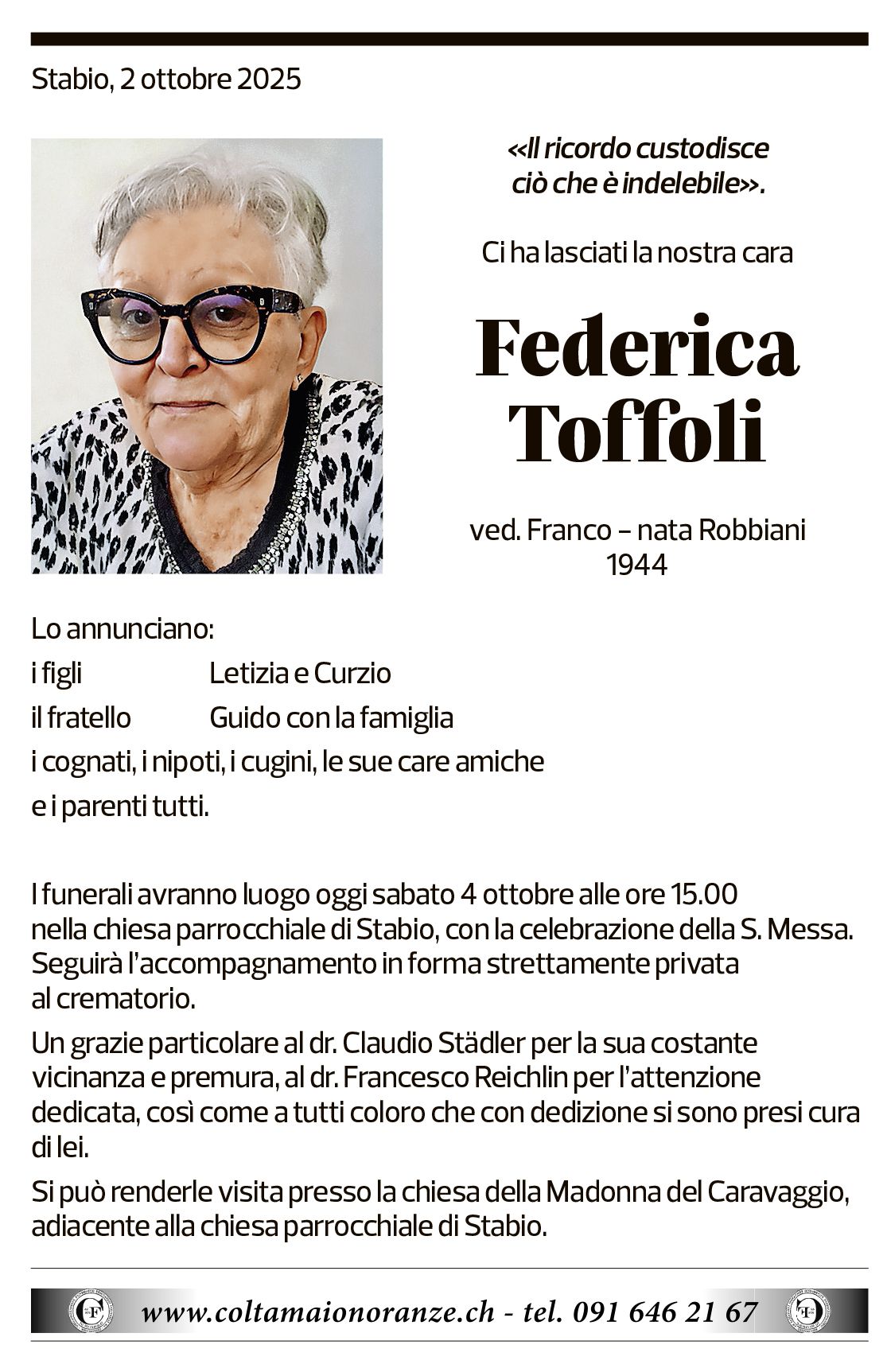 Annuncio funebre Federica Toffoli