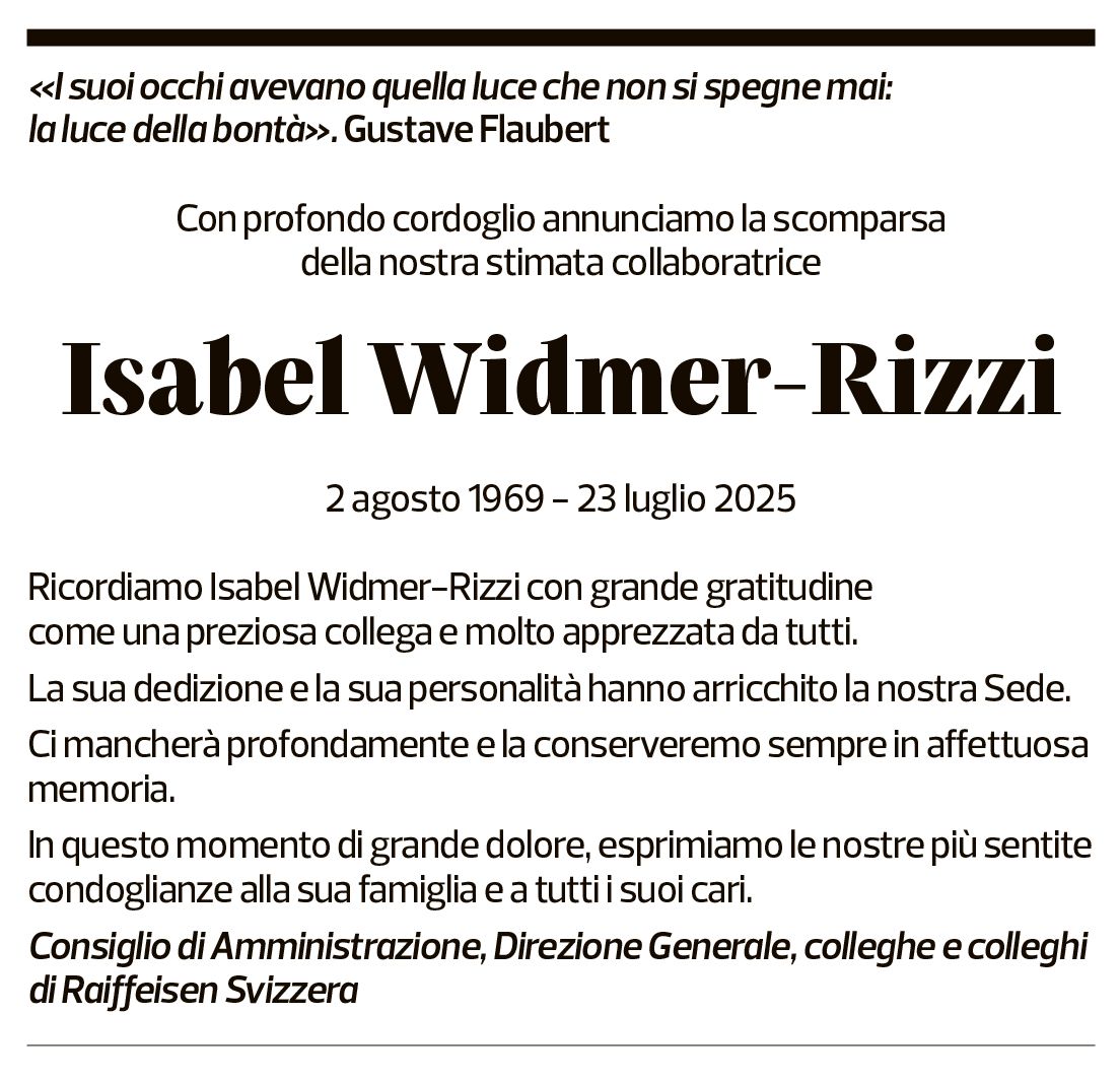 Annuncio funebre Isabel Widmer-rizzi