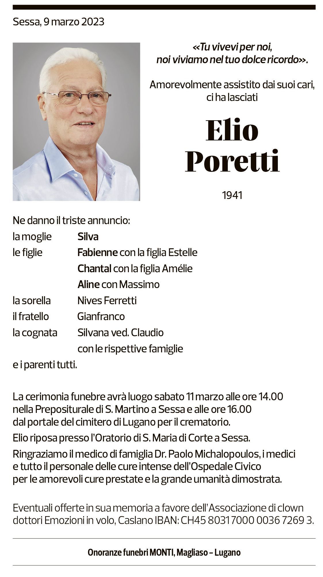 Annuncio funebre Elio Poretti