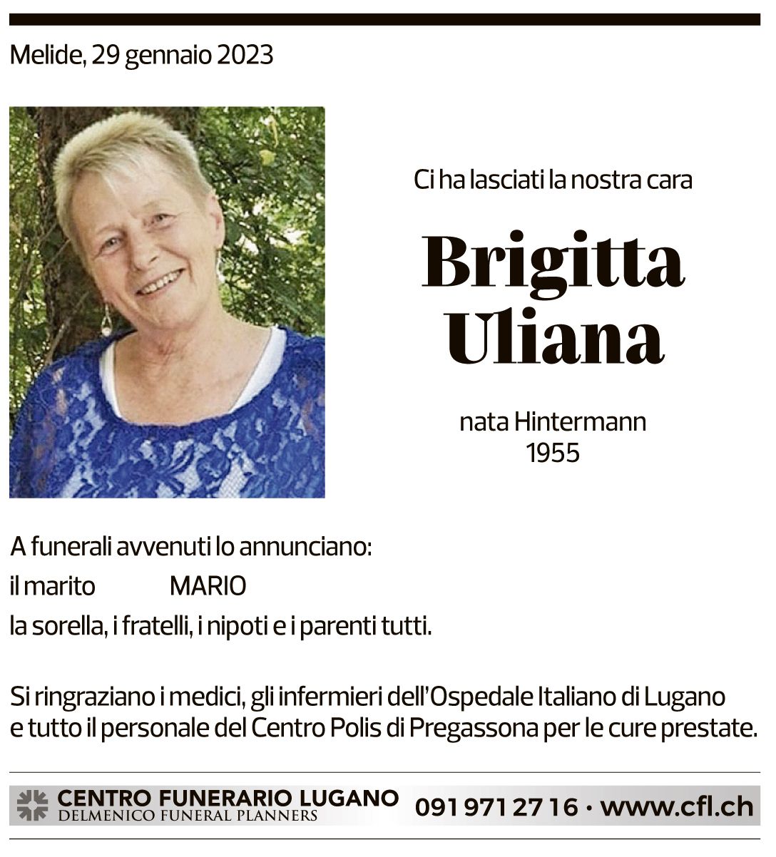 Annuncio funebre Brigitta Uliana