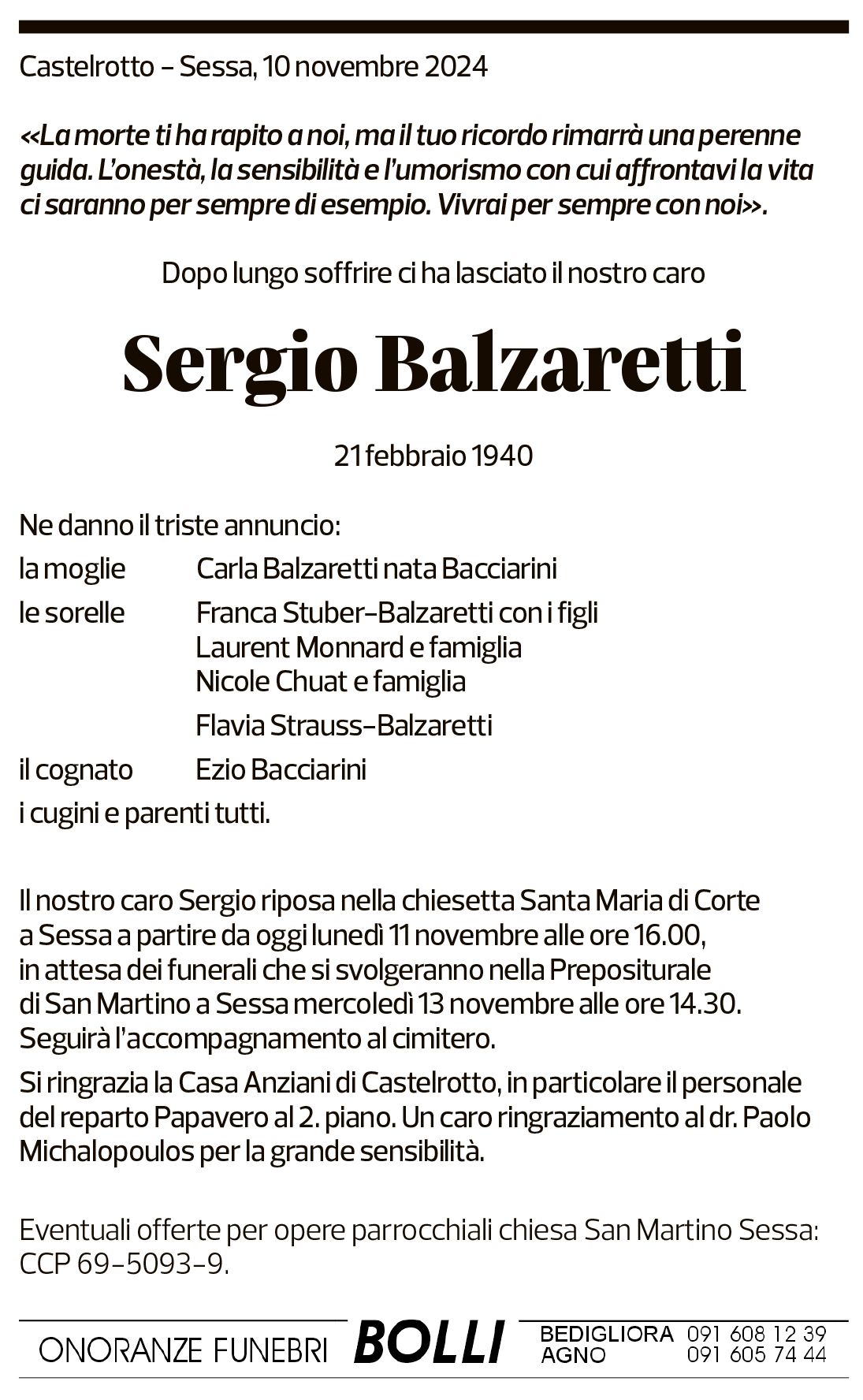 Annuncio funebre Sergio Balzaretti