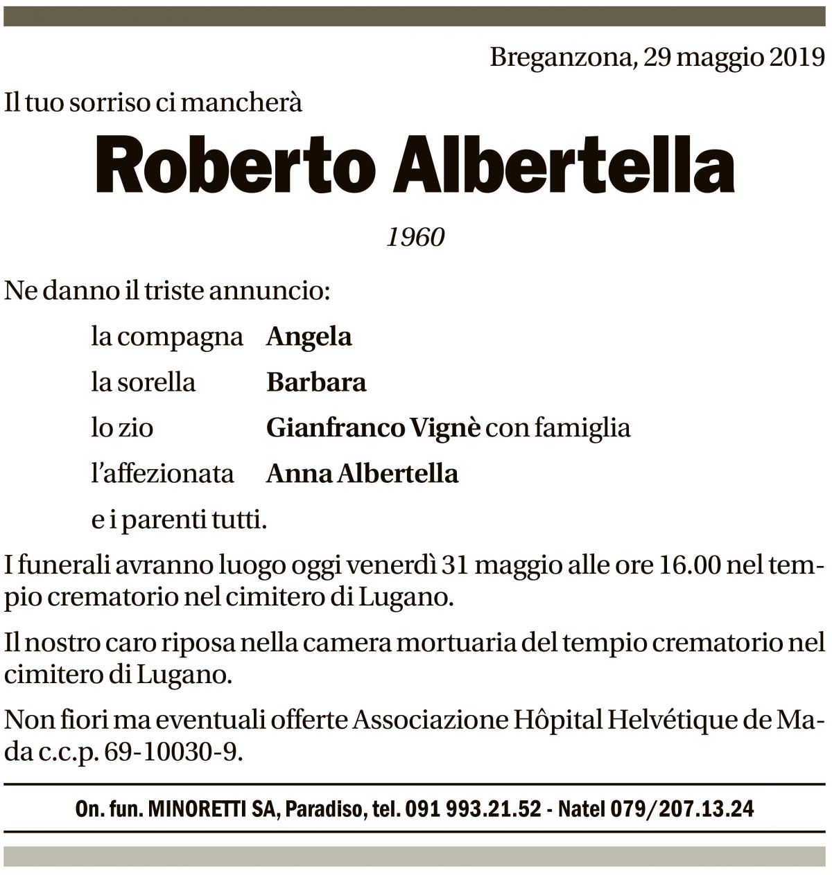 Annuncio funebre Roberto Albertella