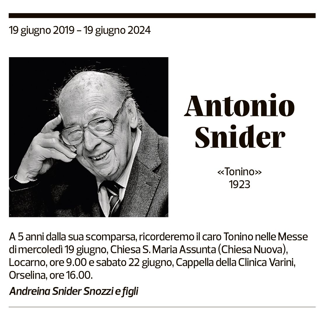 Annuncio funebre Antonio Snider