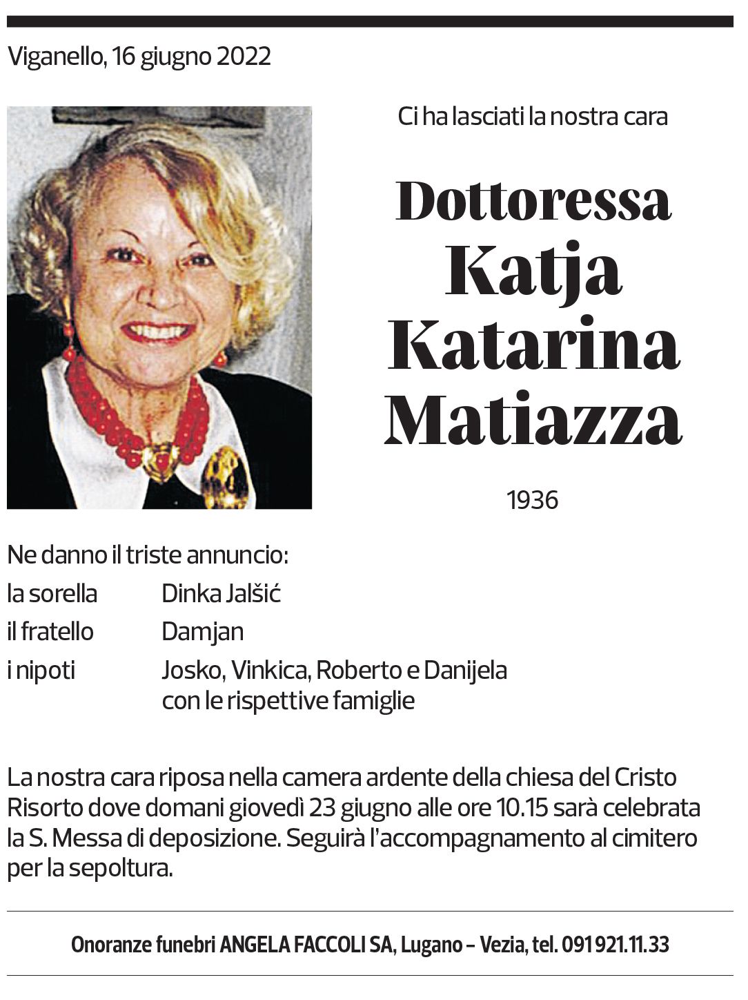 Annuncio funebre Katja Katarina Matiazza