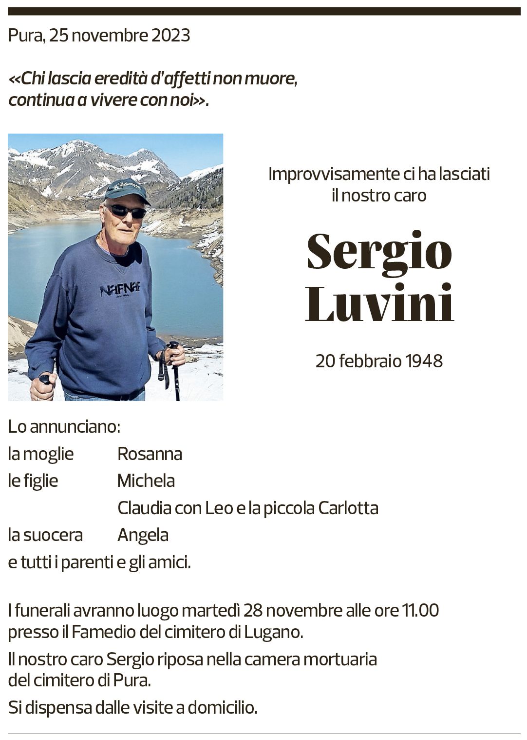 Annuncio funebre Sergio Luvini