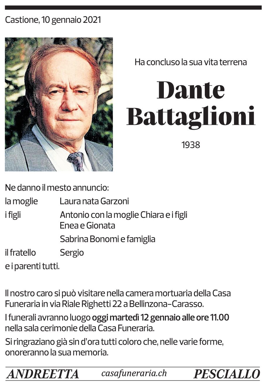 Annuncio funebre Dante Battaglioni