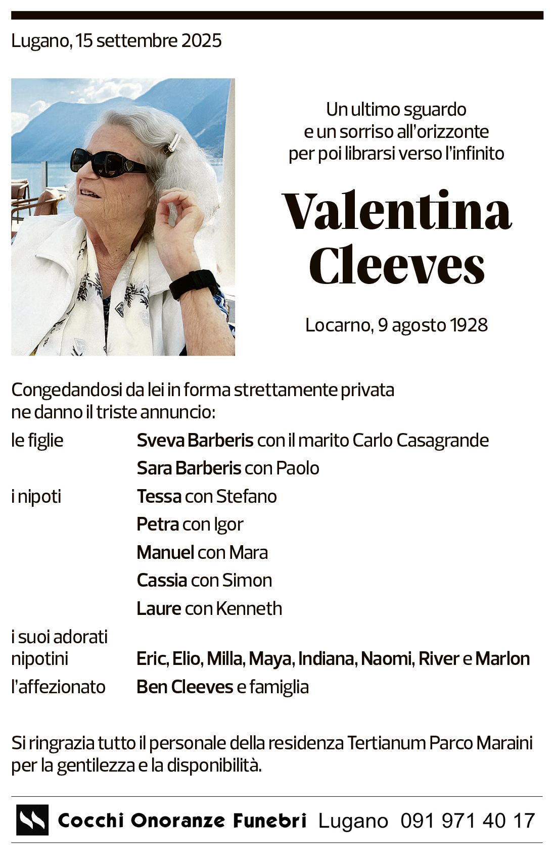 Annuncio funebre Valentina Cleeves