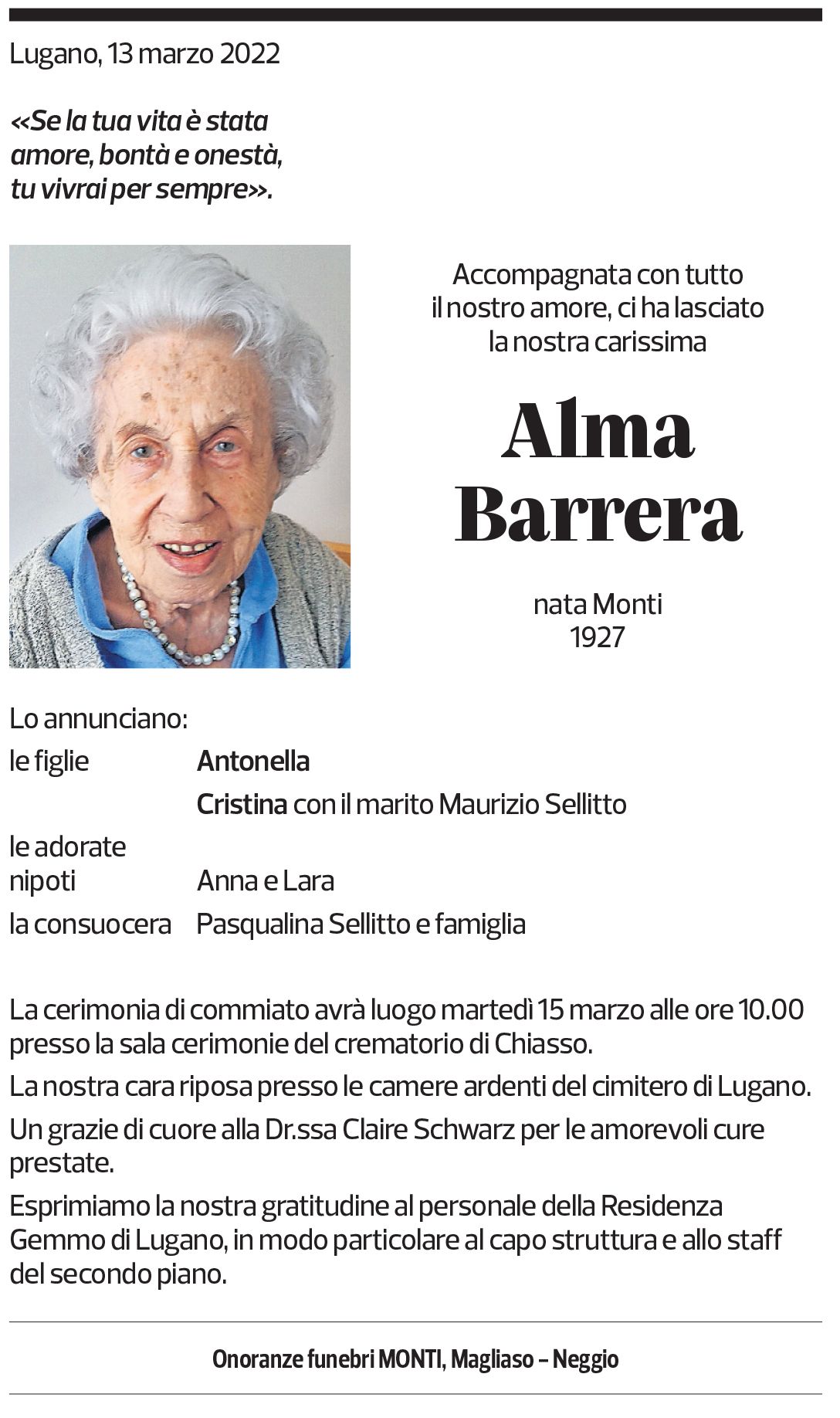 Annuncio funebre Alma Barrera