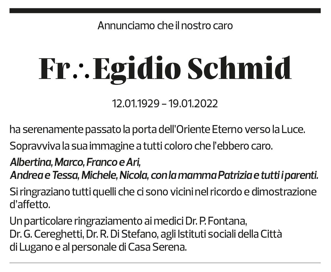 Annuncio funebre Egidio Schmid