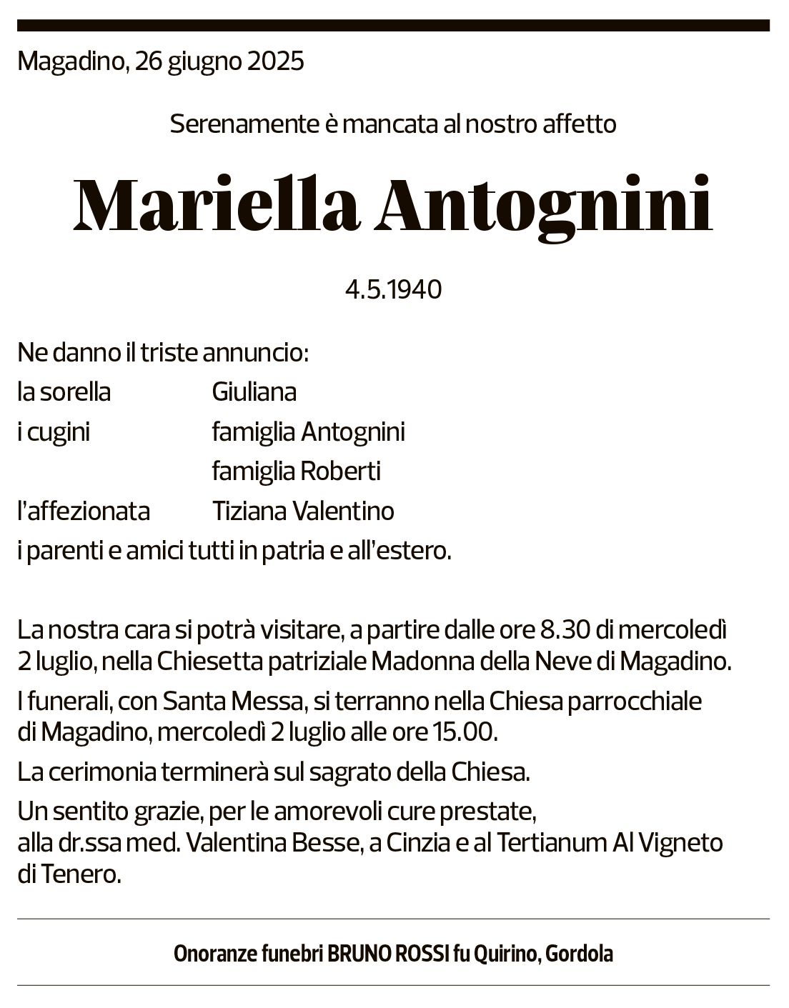 Annuncio funebre Mariella Antognini