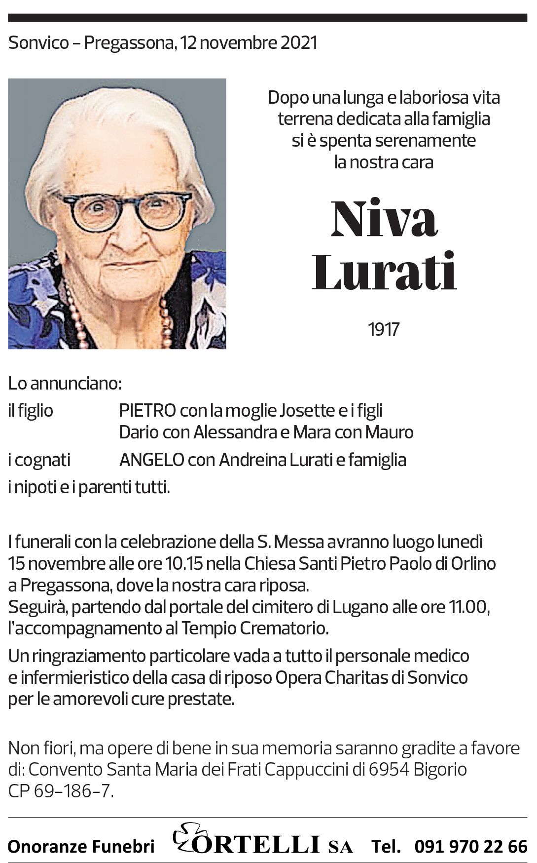 Annuncio funebre Niva Lurati