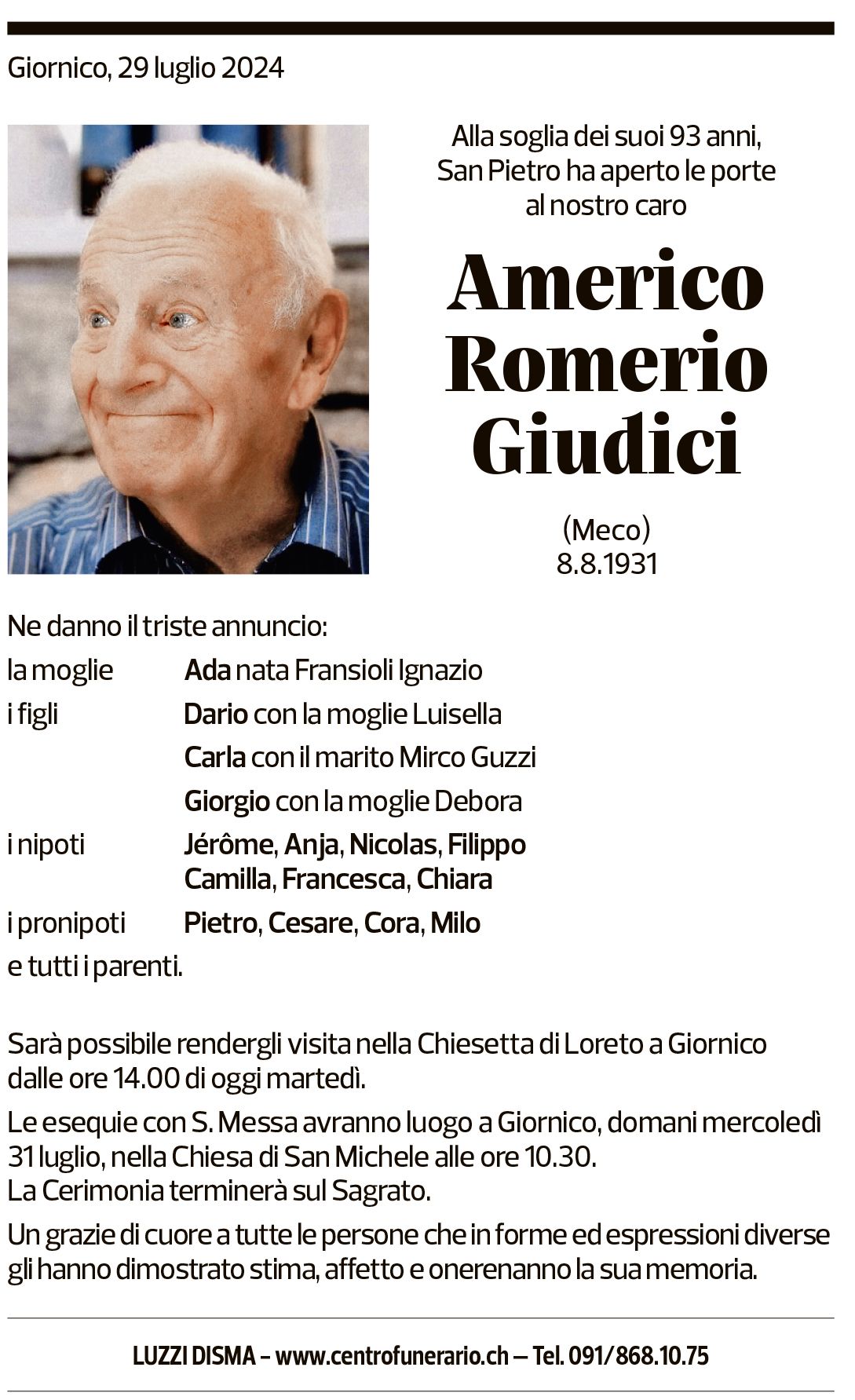 Annuncio funebre Americo Romerio Giudici