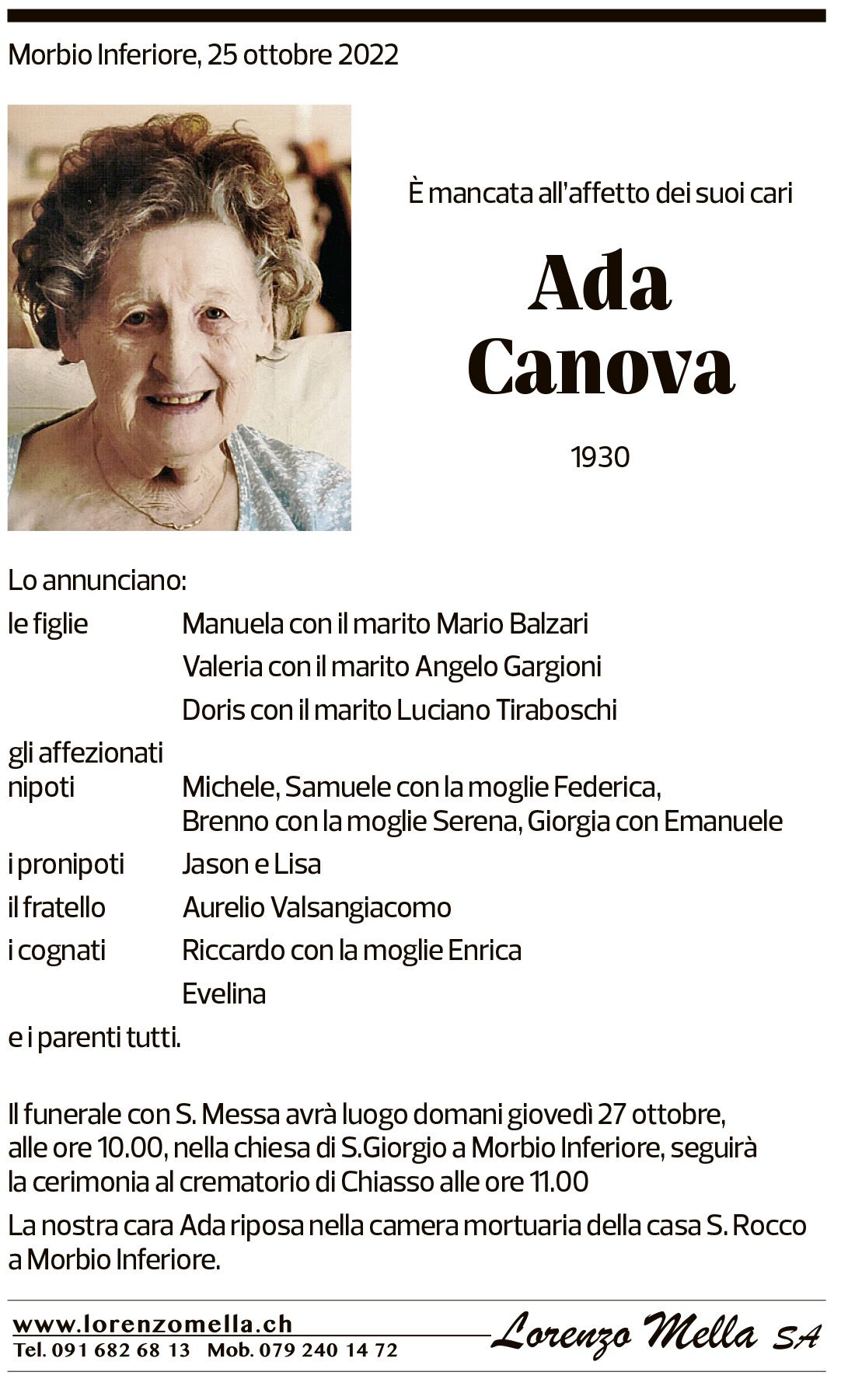 Annuncio funebre Ada Canova