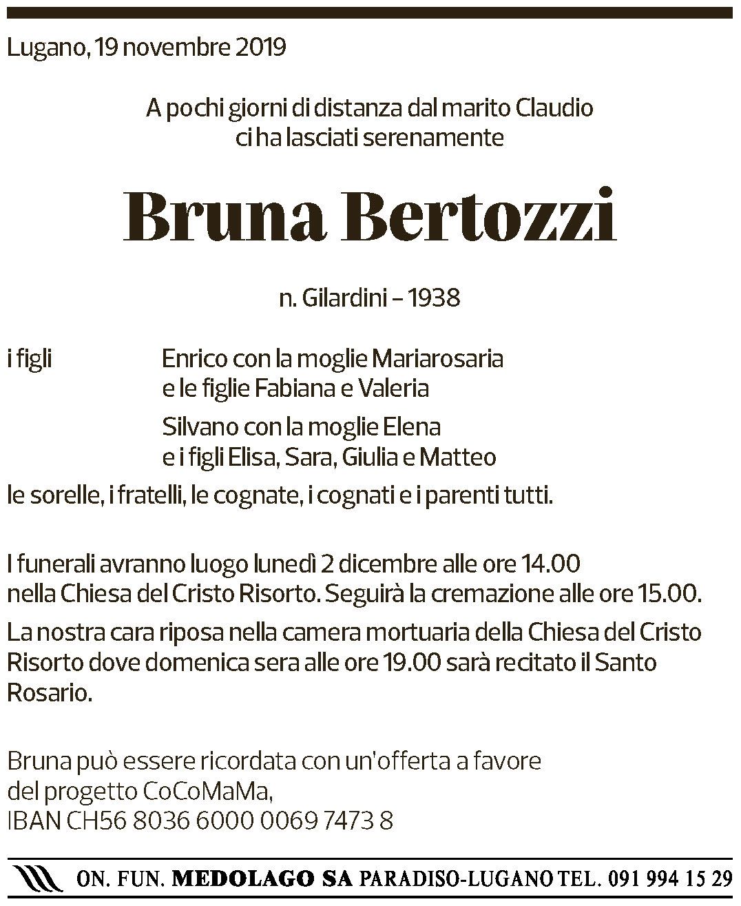 Annuncio funebre Bruna Bertozzi