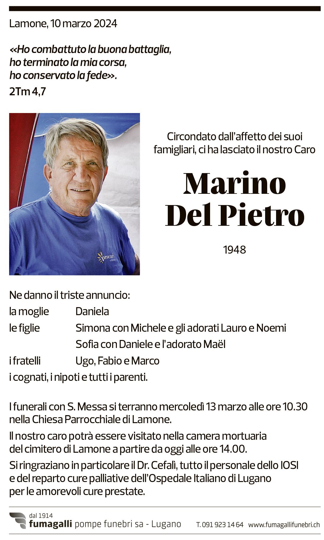 Annuncio funebre Marino Del Pietro