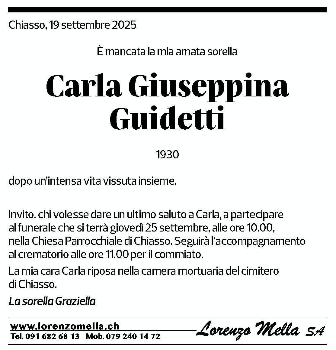 Annuncio funebre Carla Giuseppina Guidetti